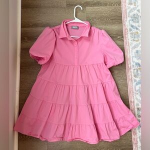 Pink button tiered puff sleeved mini dress